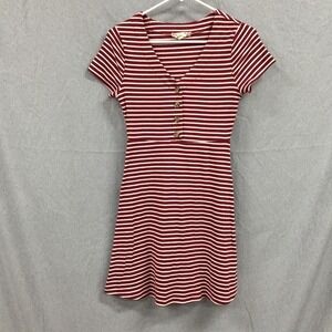 Pink Rose Vintage‎ Burgundy White Striped Ribbed Knit Button V-Neck Mini Dress M